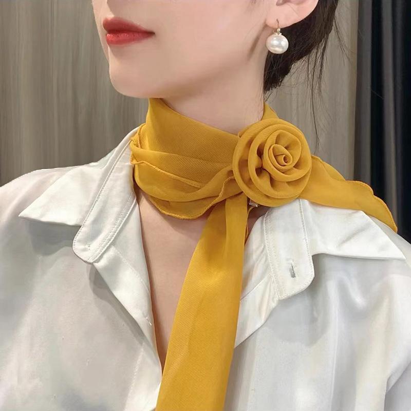 Rose Flower Silk Scarf Versatile Soft Neckerchief For Women Girls Temperament Long Ribbon Tie Scarf Office Clothes Gifts