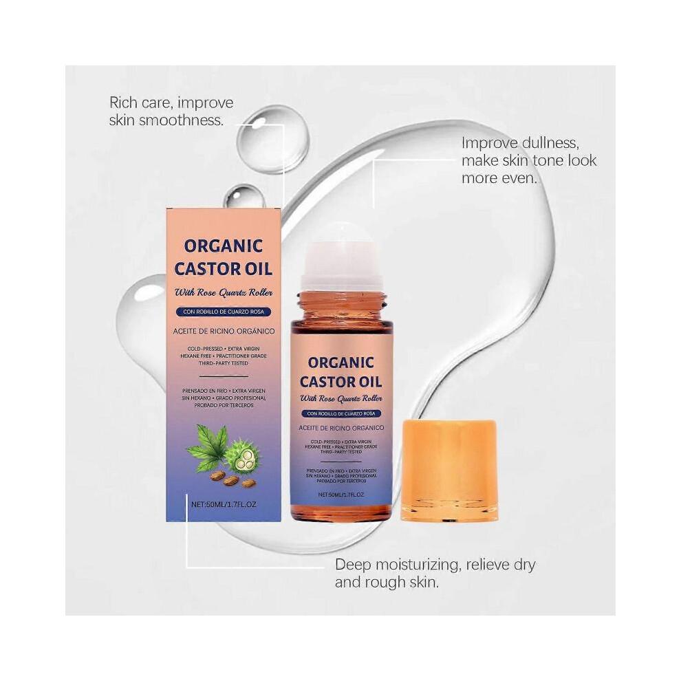 Organic Golden Castor Oil Roll-On with Rose Quartz | 100% Pure for Skin, Brows & Lashes and less mess| Hexane-Free | USDA Certified | Cold-Pressed