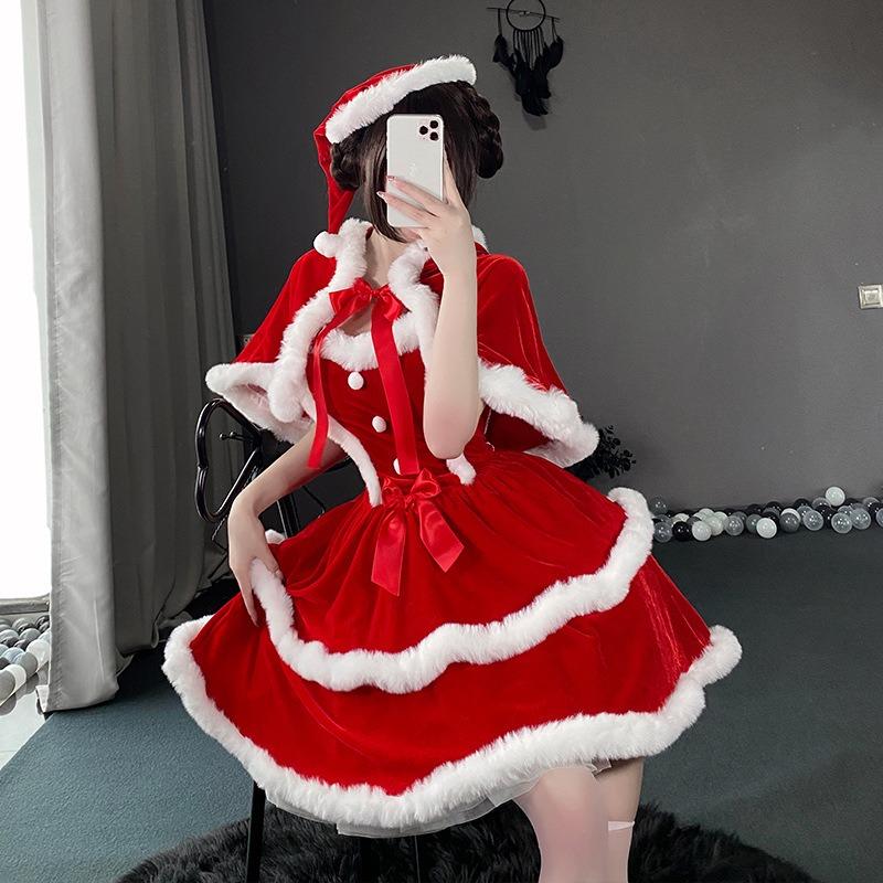 Christmas Wear Atmosphere Cos Clothes Female Sexy Red Velvet Suit Plush Jumpsuit Cape Suit