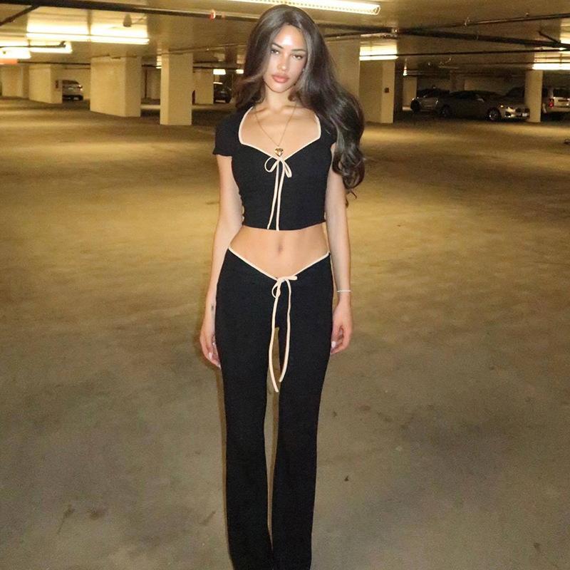 Женская летняя футболка с коротким рукавом и квадратным вырезом, комплект тонких брюк с низкой талией