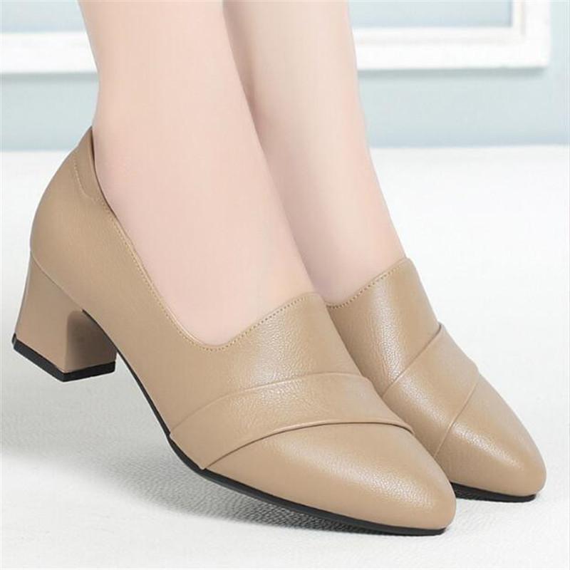 Women's High Heels Fashion Pumps Shoes Woman Genuine Leather Casual Single Shoes Comfortable Thick Heel Mother Shoes
