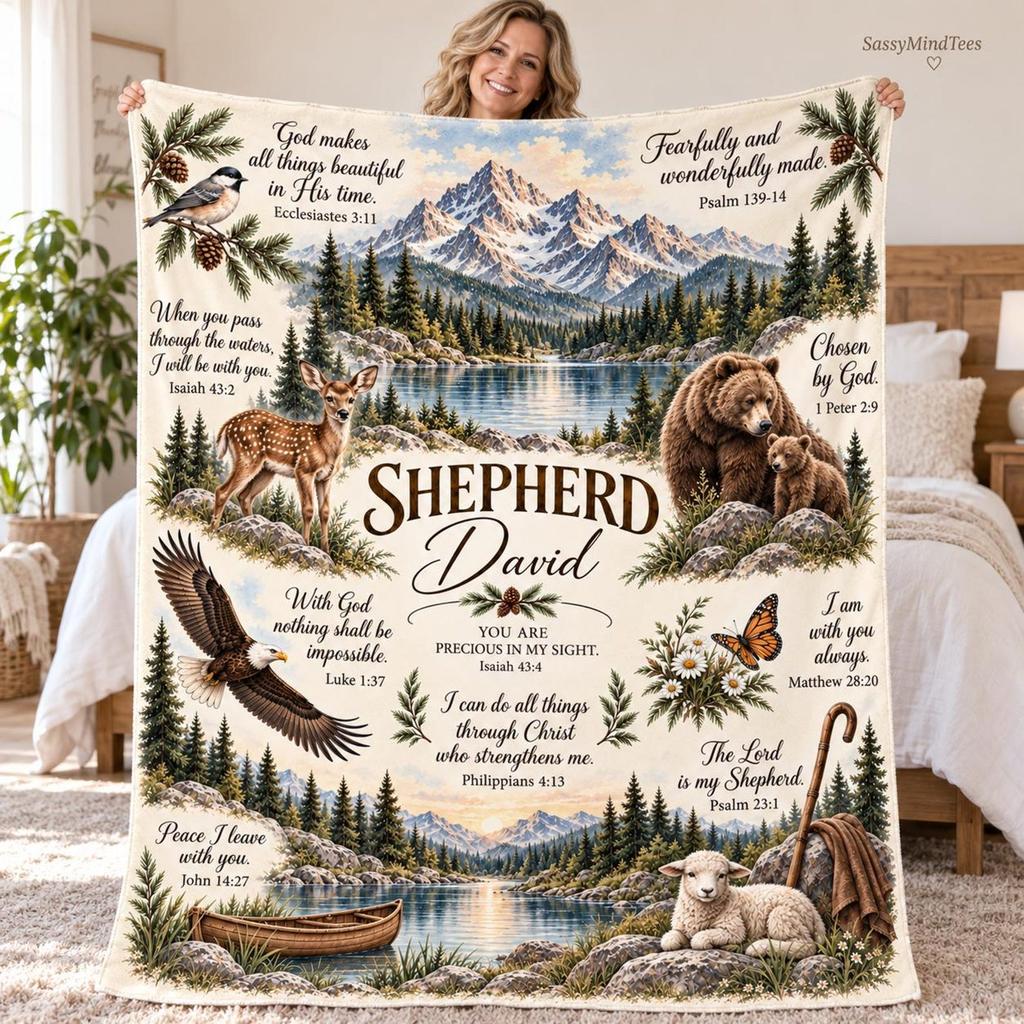 Personalized Christian Blanket, Custom Name Bible Verse Throw, Psalm 23 Shepherd Gift for Him, Christian Wildlife Faith Home Decor