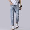Весенне-летние тонкие укороченные брюки, мужские корейские облегающие джинсы с косым ремнем на небольшую ногу, мужская одежда