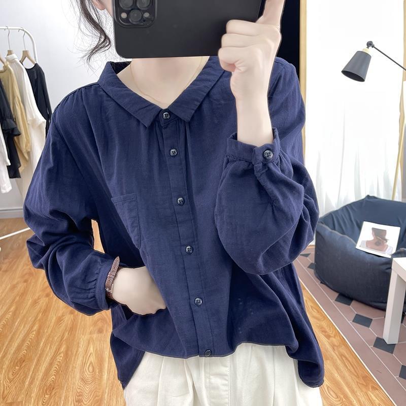 Женская одежда Лонгслив с воротником поло однотонный офисный стиль для леди-коммутера весна-осень свободный винтажный на пуговицах с карманами рубашка