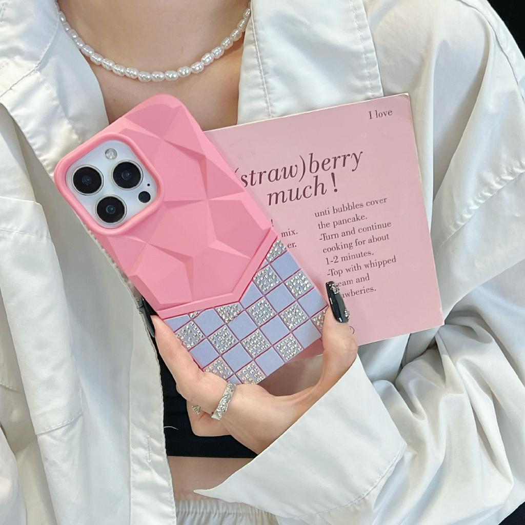 For iPhone 16 Pro Max Case Geometric Diamond Pattern Rhinestone Decor Rubberized TPU Phone Cover