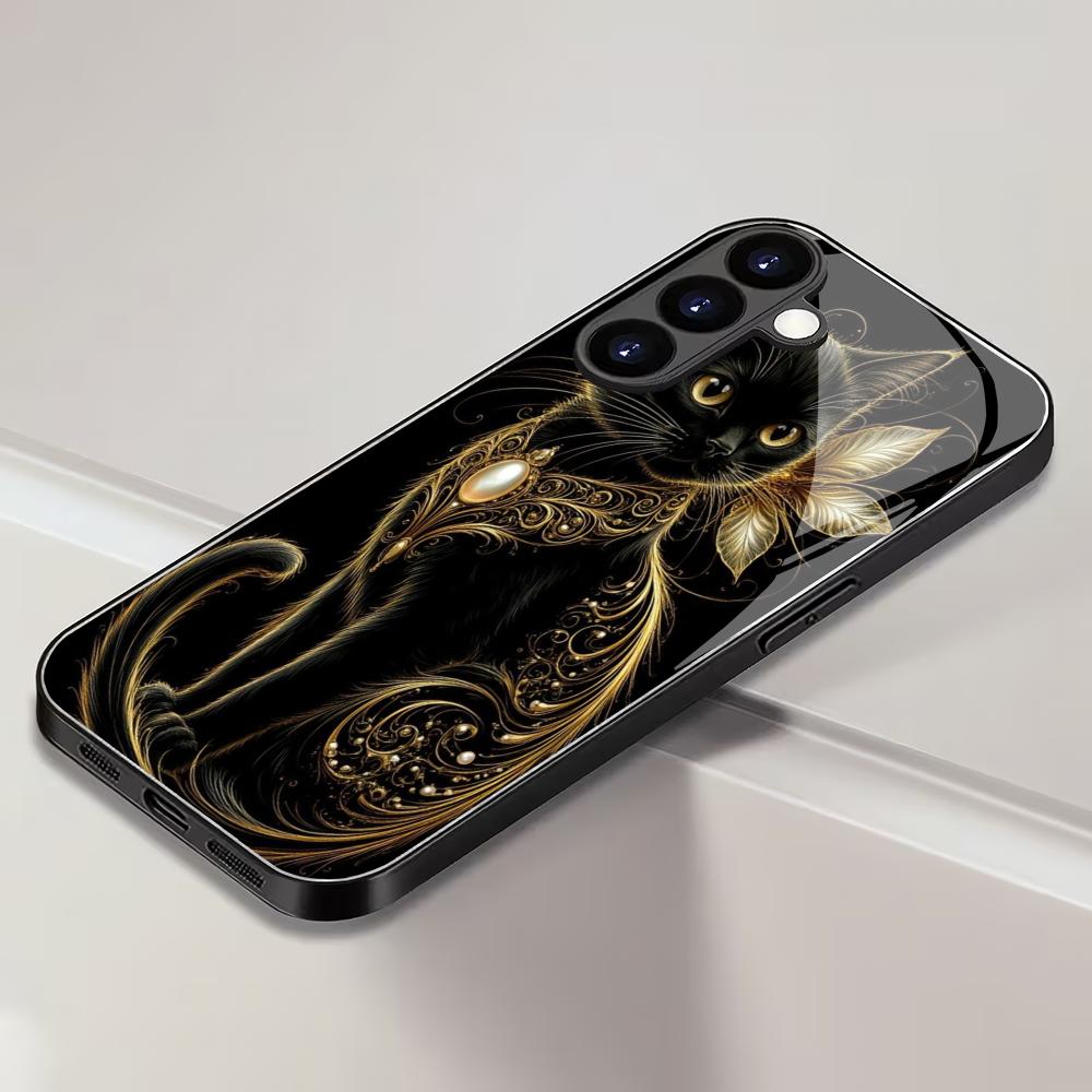 Модный чехол из закаленного стекла с черным котом для Samsung Galaxy S26 S25 S24 S22 S21 S20 FE/Ultra/Plus, противоударный