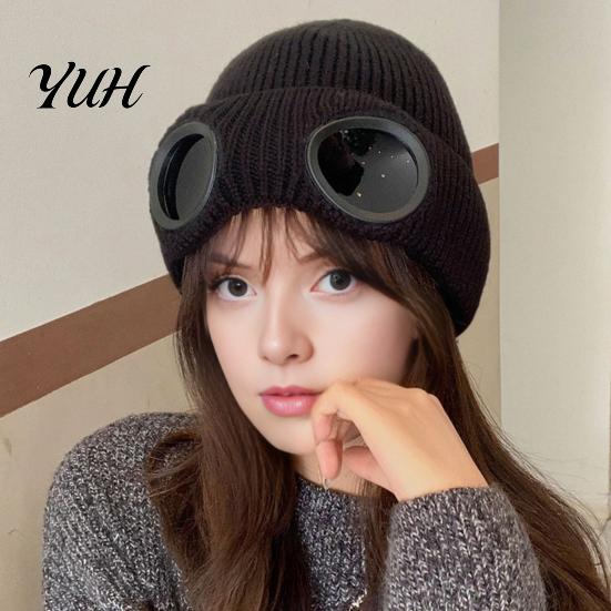Retro Pilot Style Warm Cap Winter Knit Hat with Goggles, Unisex Ski Detachable Cold Weather Cycling Headgear Face Guard, Windproof Skull for