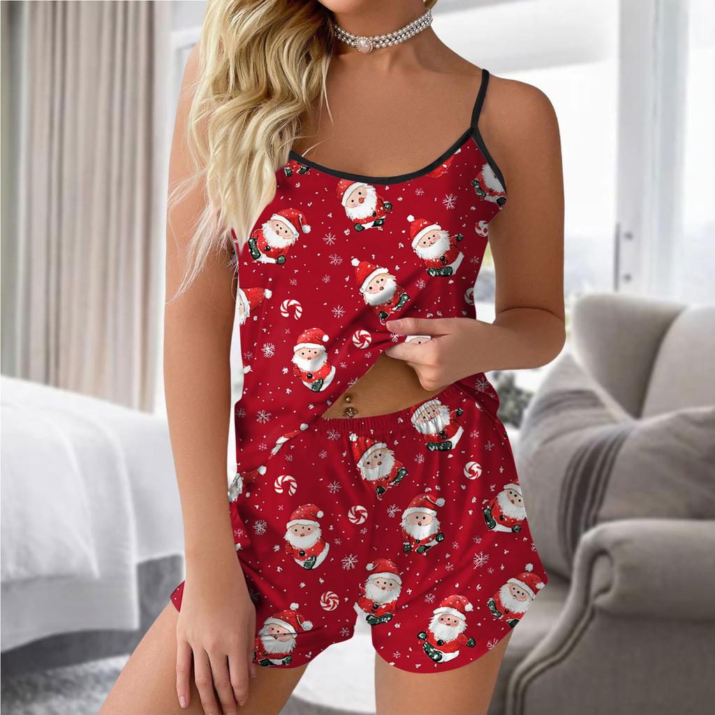 Ladies Fashion Casual Sleeveless Top Shorts Christmas Printed Pajama Set