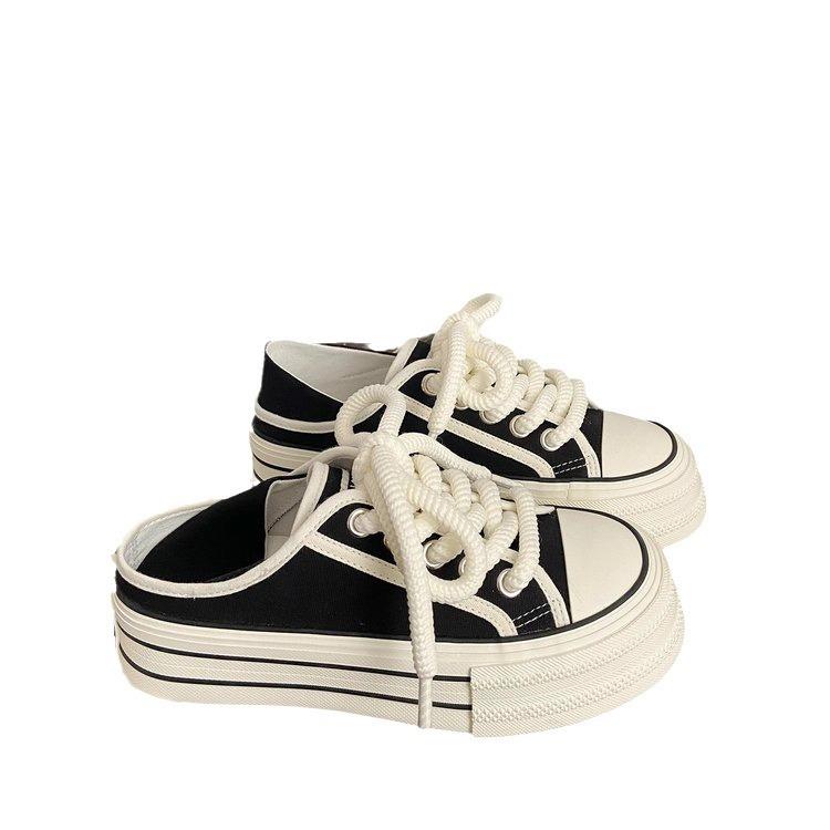 Высококачественные парусиновые туфли для женщин весна-лето 2024 года, новые нишевые повседневные маленькие белые туфли с толстой подошвой и одной педалью, подчеркивающие маленькие ножки