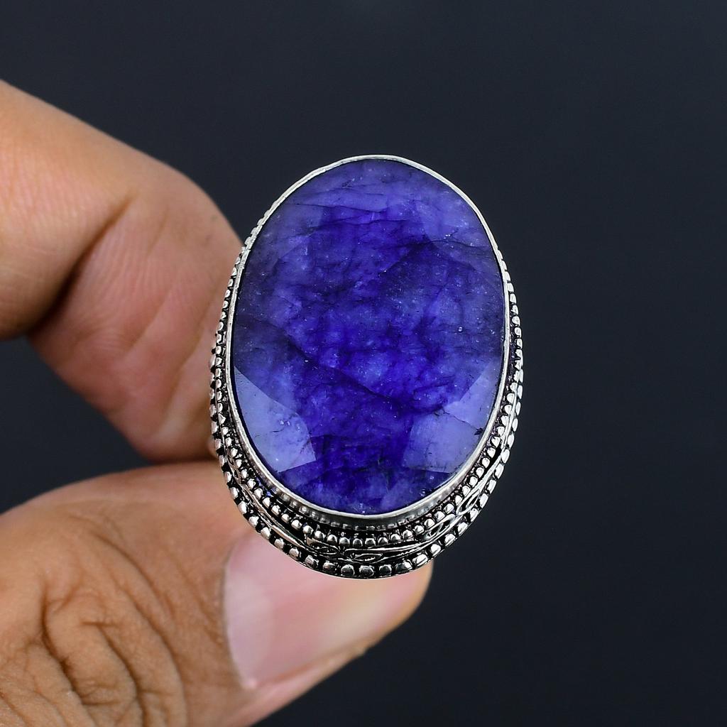 Сапфир(Смоделированный) Кольцо из серебра 925 пробы с драгоценными камнями, размер 9