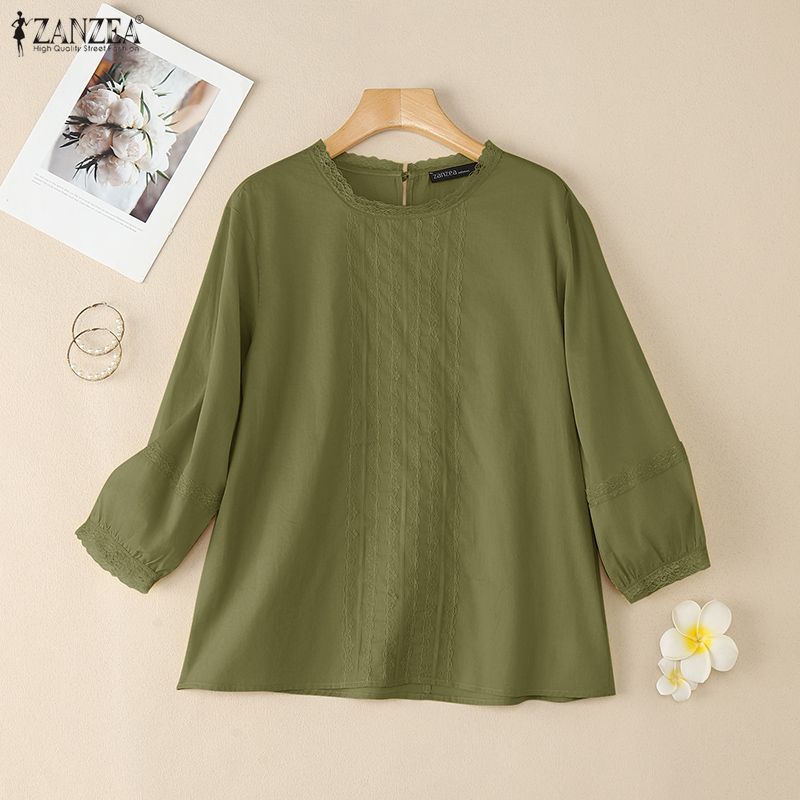 ZANZEA Женская повседневная блузка из хлопка с круглым вырезом и рукавом 3/4