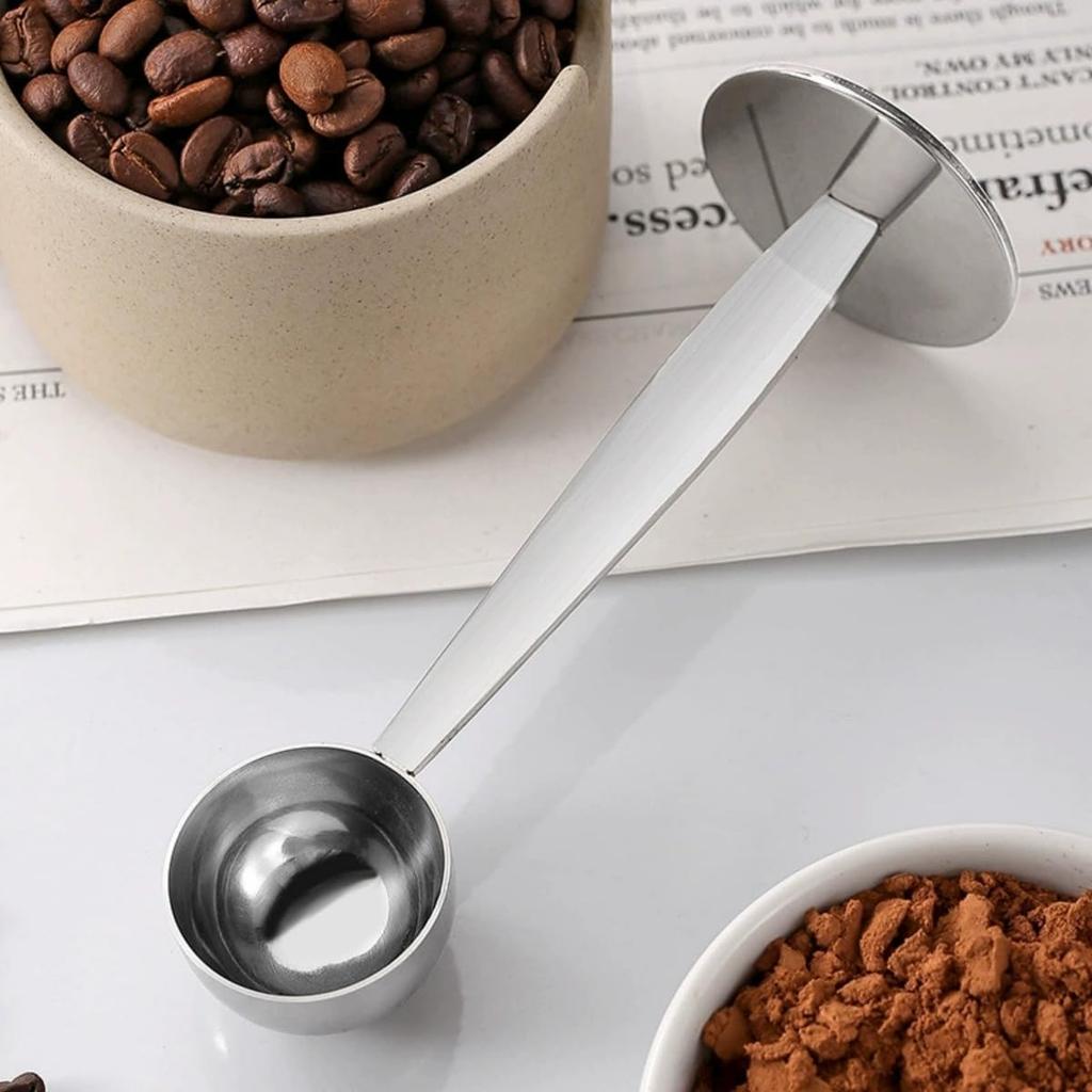2-in-1 Coffee Scoop with Pressed Bottom, Stainless Steel Coffee Tamper Measure Spoon, Premium Espresso Tamper for Ground Coffee