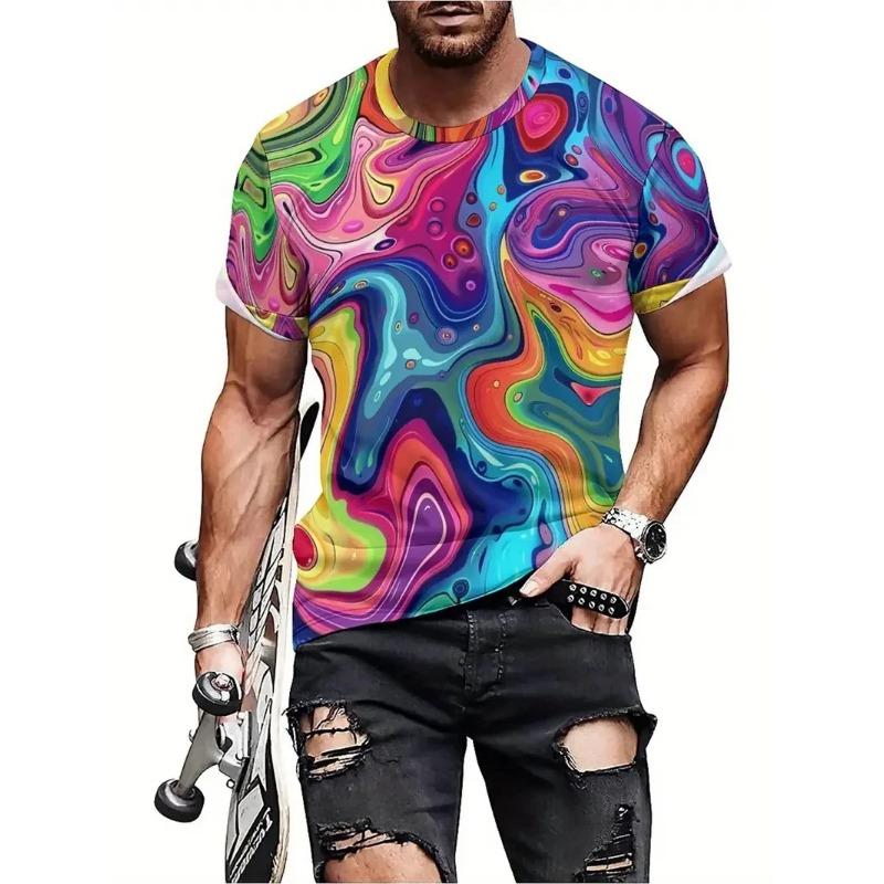 Summer Round Neck Colorful Abstract Pattern 3D Print Top Fashionable Casual Hip Hop Short Sleeved Men's T-shirts