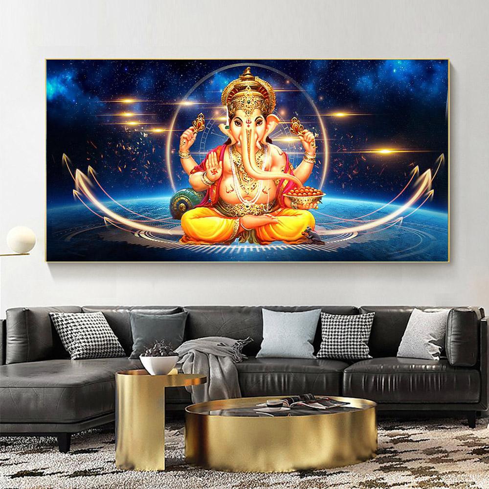 Solid Wood Frame Abstract Elephant God Vintage Hindu Lord Ganesha Canvas Painting Posters and Prints Wall Art Pictures Home Decor