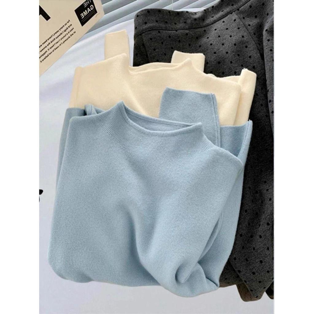 Фуфу Детский Голубой Вязаный Свитер с Полувысоким Воротником, Приталенный, с Длинным Рукавом для Осени и Зимы