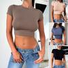 Y2K Ladies Summer Round Collar Solid Color Slim Fit Pullover Midriff-baring T Shirt Crop Top