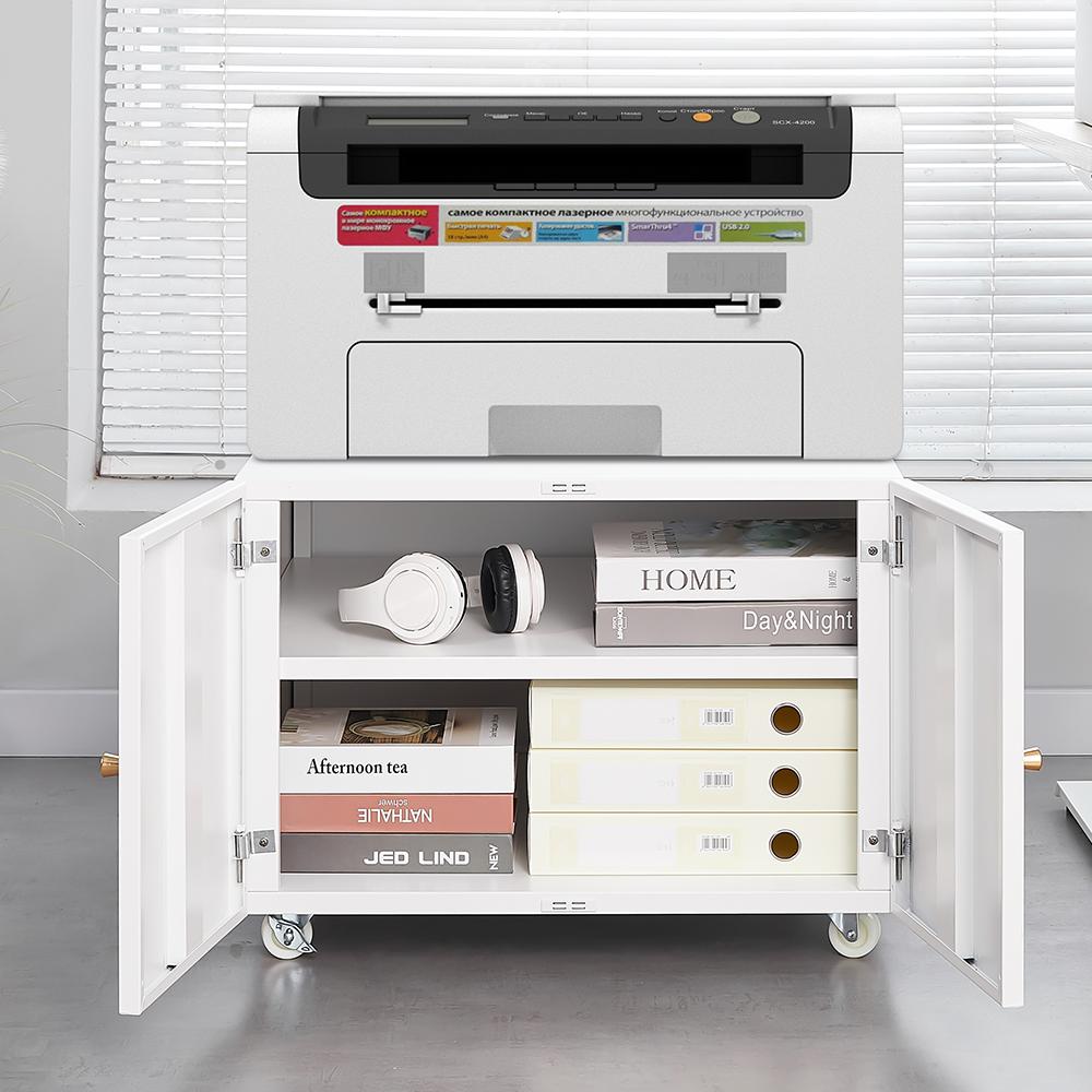 White Mobile Metal Printer Cabinet with Door & Adjustable Shelf, Rolling Storage File Cabinet for Home Office & Small Spaces