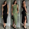 Evening Party Women Dress One Shoulder Sleeveless Slant Neck Pleated Skinny Sheath Solid Color Elastic
