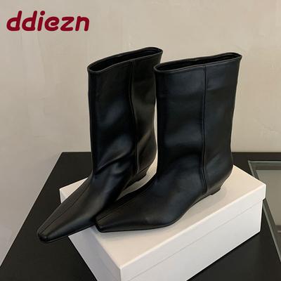 Мода Мода Остроносые Женские Ботильоны На Танкетке Обувь Женская Обувь С Низким Каблуком Женские Короткие Западные Ботильоны Новые