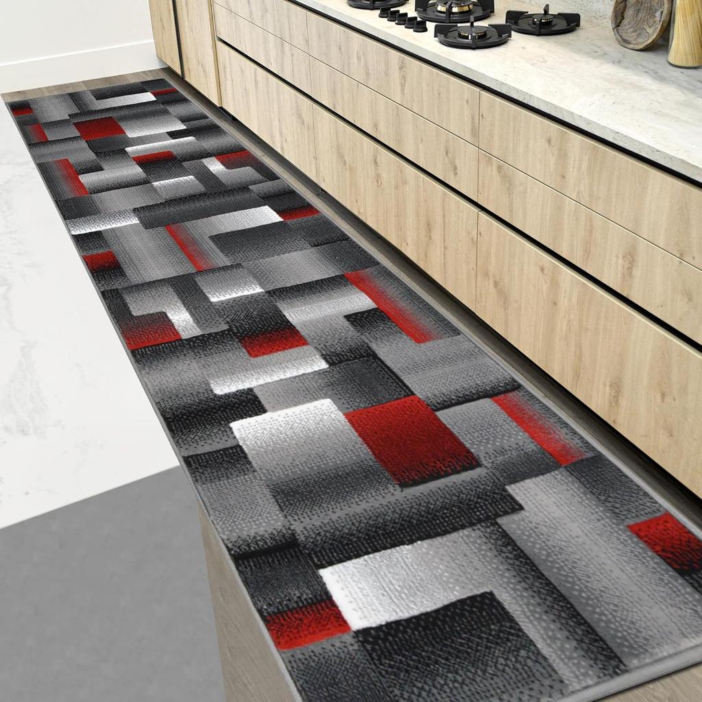 Ковер-дорожка Зеленый Черный Серый Абстрактный Геометрический Современный Узор из Квадратов - Современный Стиль для Гостиной, Спальни