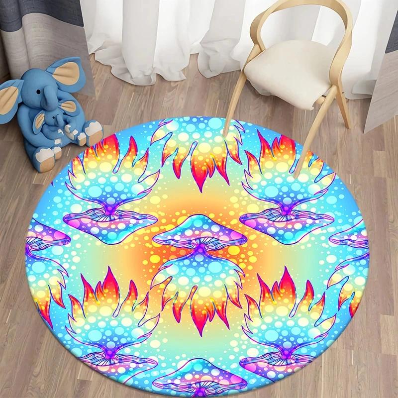 Psychedelic Mushroom Round Carpet Boho Mushrooms Area Rug for Home Living Room Children's Room Decor Non-slip Circle Floor Mat