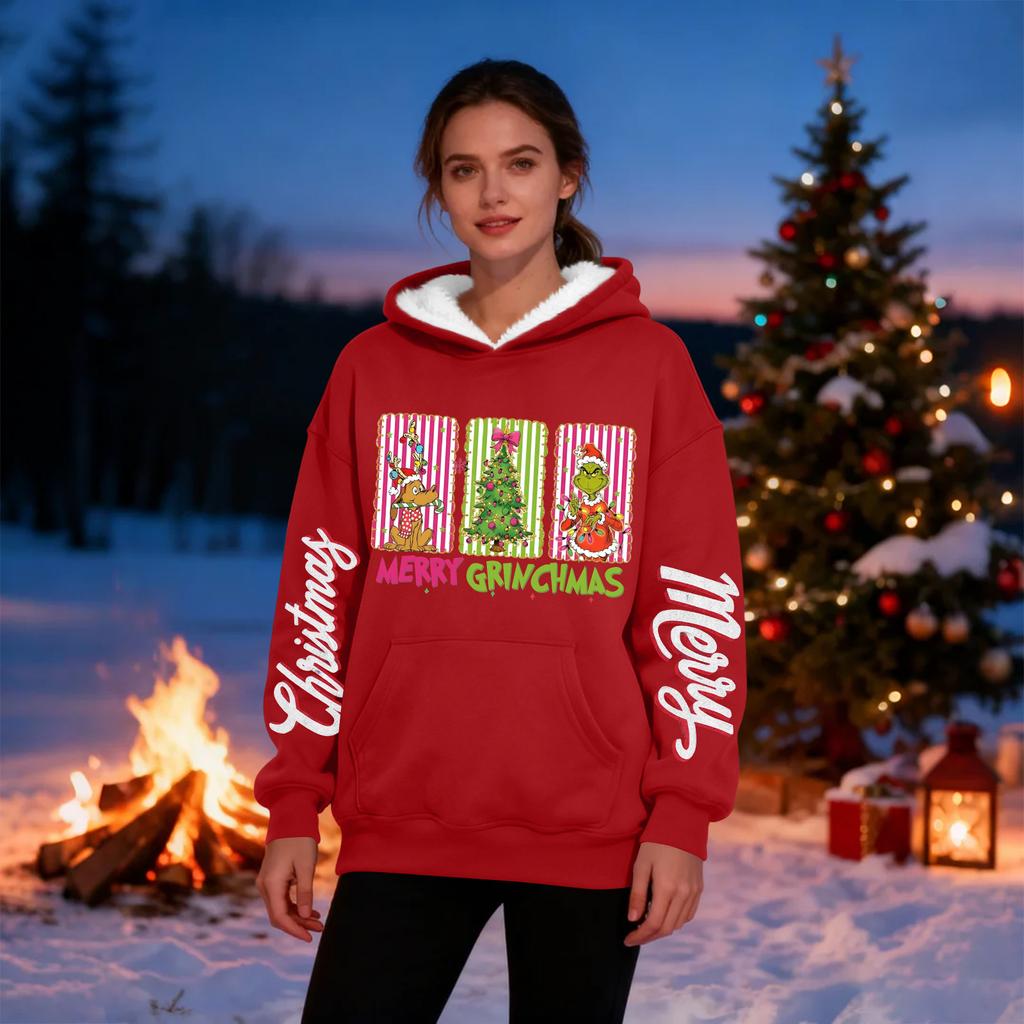Женская повседневная модная толстовка с капюшоном большого размера, утепленная флисом, с рождественским принтом