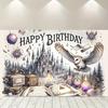Magic Castle and Owl Happy Birthday Background Banner - Fantasy themed party decorations