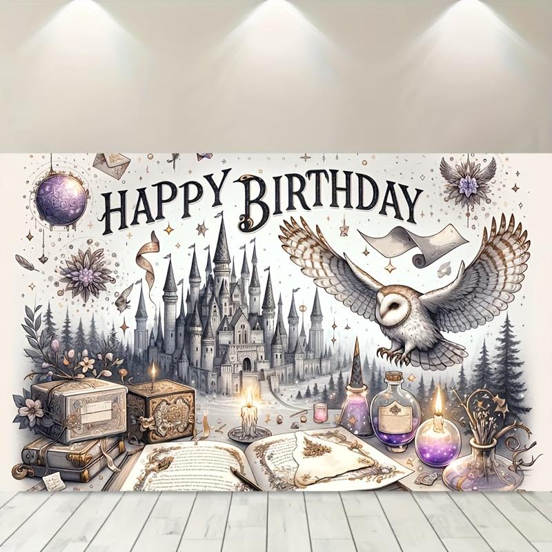 Magic Castle and Owl Happy Birthday Background Banner - Fantasy themed party decorations