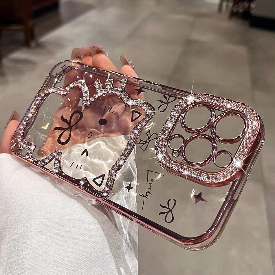Cat Plating Glitter Case for iPhone 16 15 14 13 12 11 Pro Max Bling Diamond Soft Shockproof Cover for iPhone 15 16 Plus