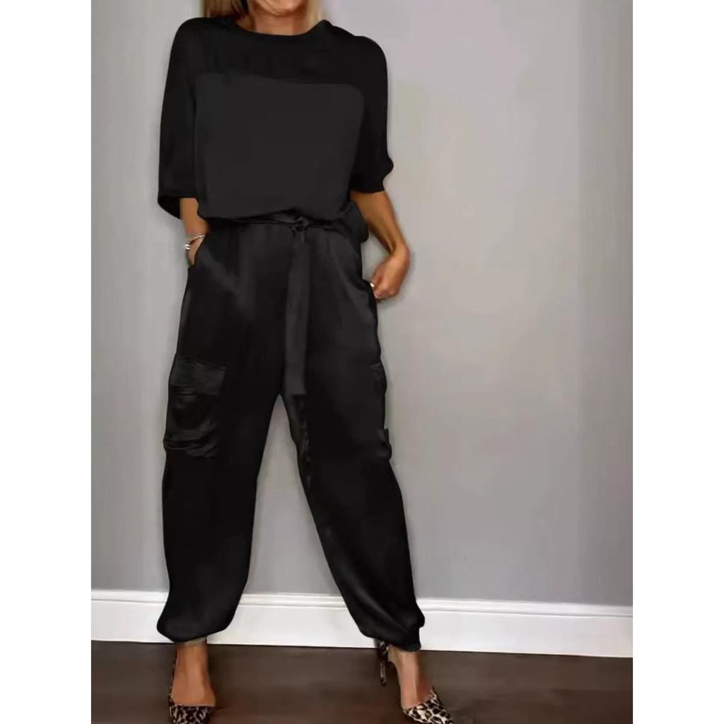Женский комплект, однотонный комплект из гладкого атласа, топ с рукавами три четверти и брюки, комплект из двух предметов