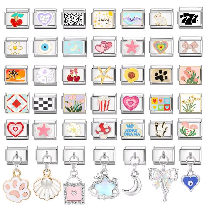 Модные цветы Глаза дьявола Сердце Бабочка Вишня Итальянские шармы из нержавеющей стали Подходят для браслета 9 мм Циркон DIY Изготовление Подарки