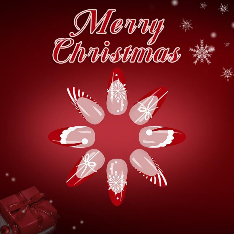 Sparkling Snowflake French Manicure Press On Nail 24Pieces Red White Stripes Christmas Design Artificial Nail