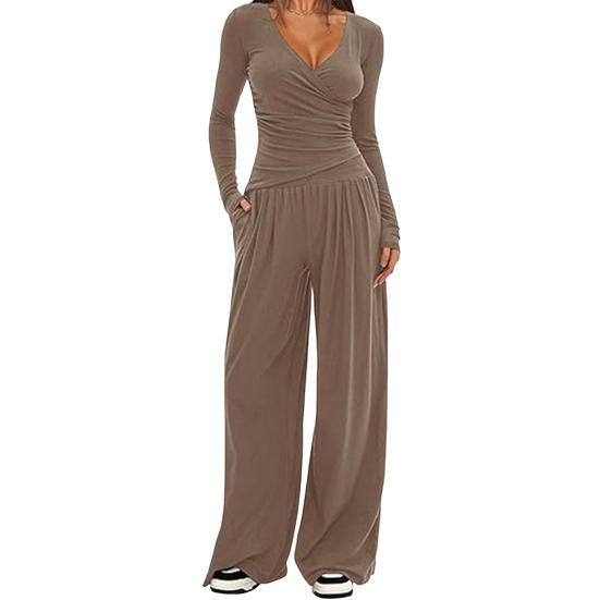 Женские комплекты для отдыха из двух предметов: топ с V-образным вырезом и длинным рукавом и брюки с широкими штанинами. Весенне-осенние повседневные наряды