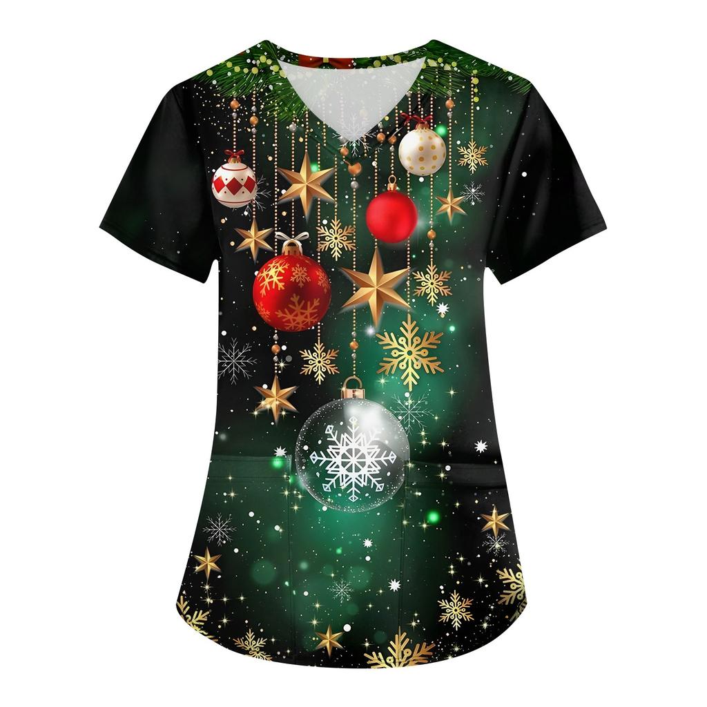 Women's Fashion V-neck Short Sleeve Workwear With Pockets Christmas Printed Tops