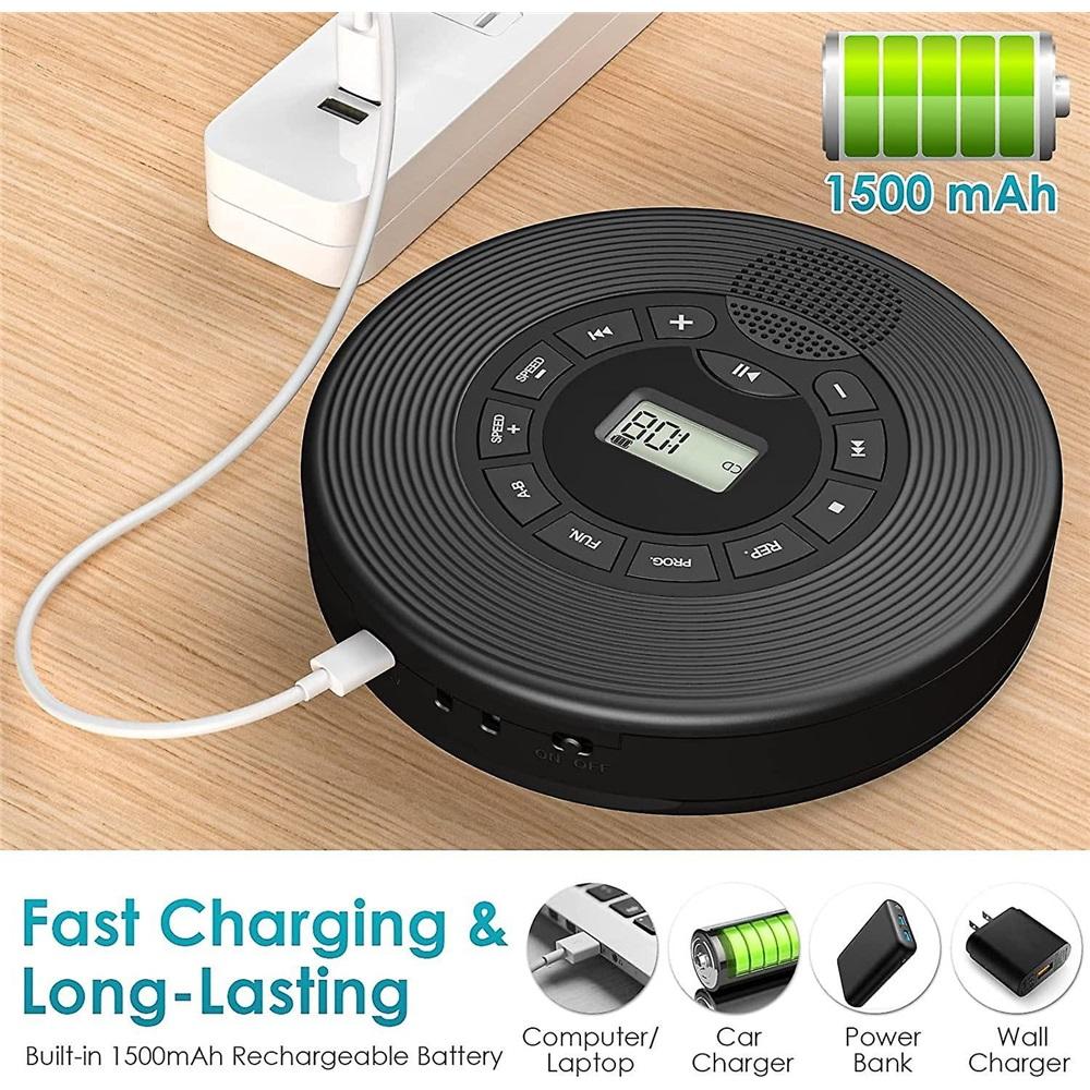 Bluetooth CD player with speakers, rechargeable 1400mAh portable CD player with anti-shock/skip protection