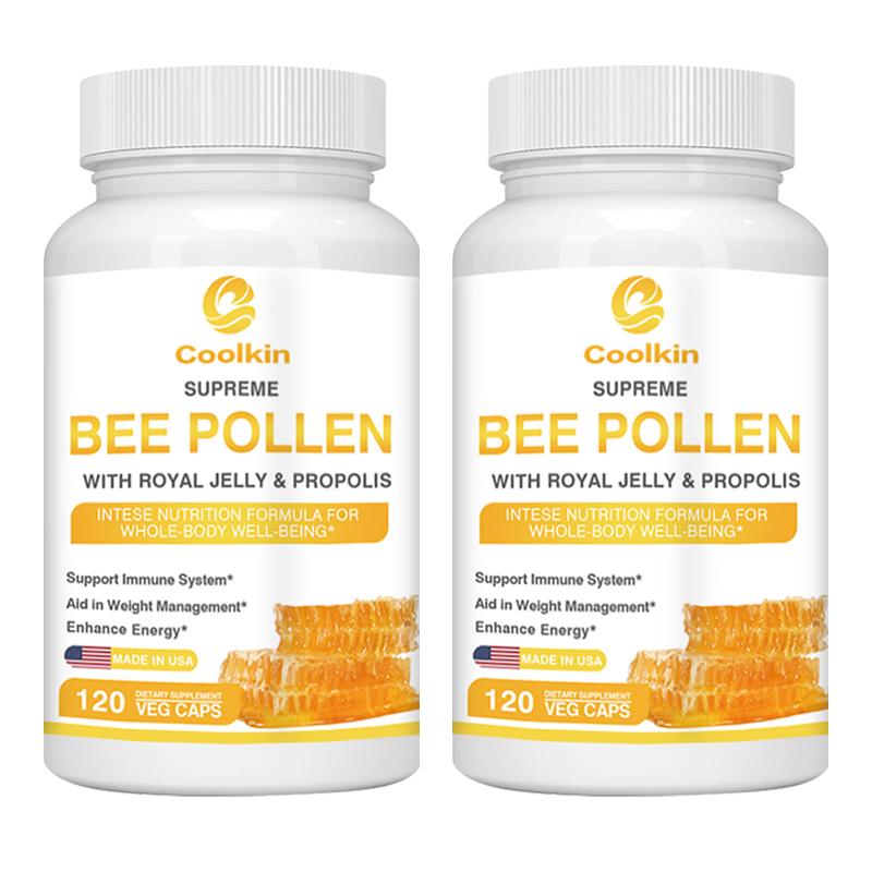 Premium bee pollen capsules, natural bee pollen supplement, containing royal jelly, bee pollen and propolis, suitable for adults.