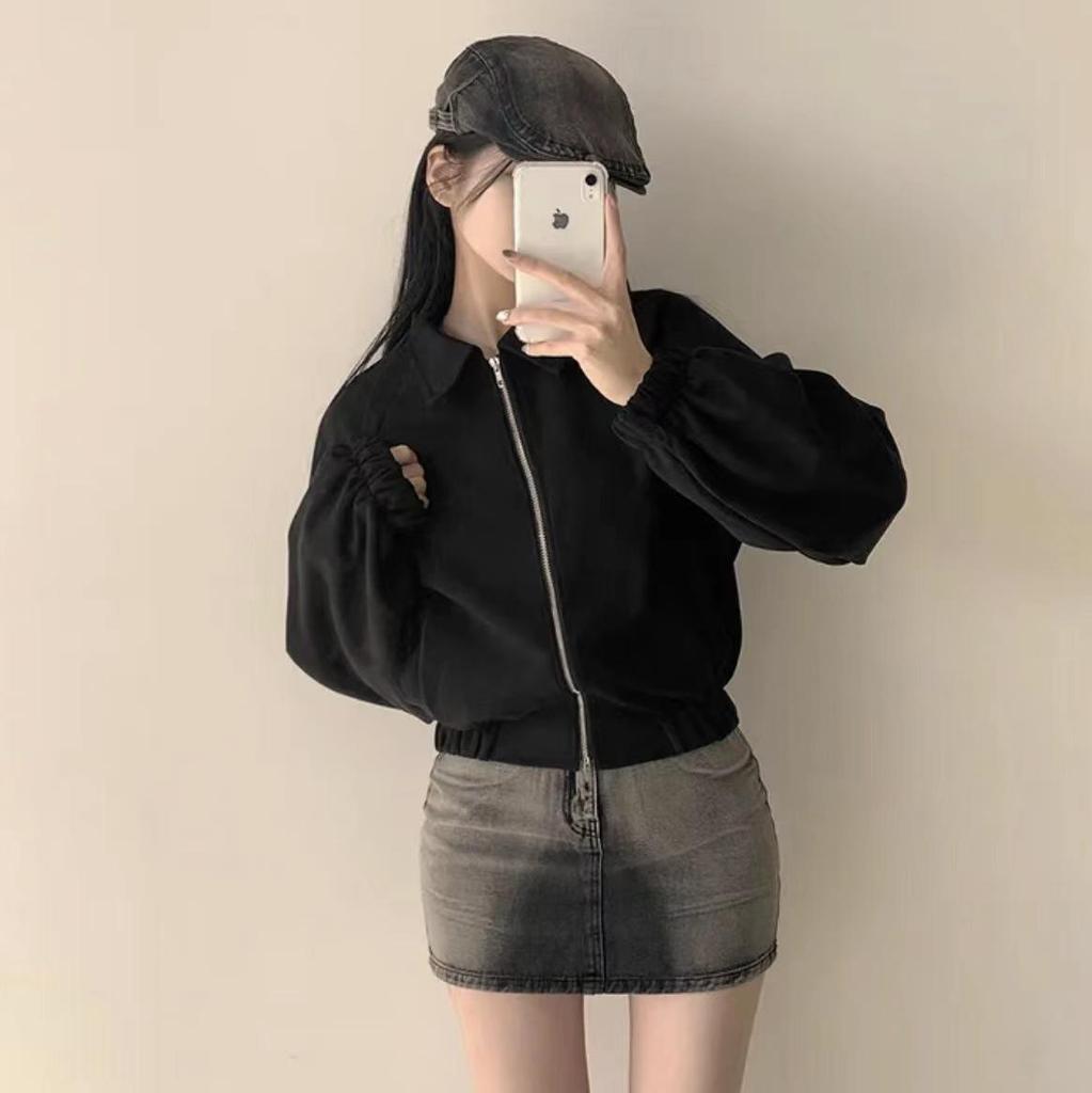 Korean Chic Autumn Retro Faux Suede Stand-Up Collar Zip-Up Jacket for Women