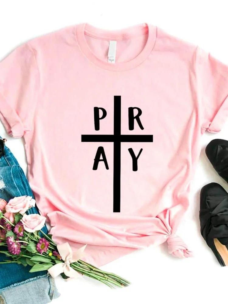 Молитесь Крест Иисус Принт Женская Футболка Короткий Рукав Круглый Вырез Свободная Женская Футболка Модная Женская Футболка Топы Одежда