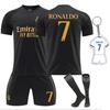 [MioKio] Real Madrid Black Kids Clilona Replica Uniform Away Top and Bottom Set 3 Piece Set with Socks Includes Keychain Bonus (140) [Item]