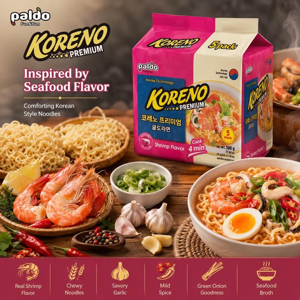 PALDO Shrimp Soup Noodle Multi Pack 100g*5pcs | Savory shrimp broth, springy noodles, practical multi-pack