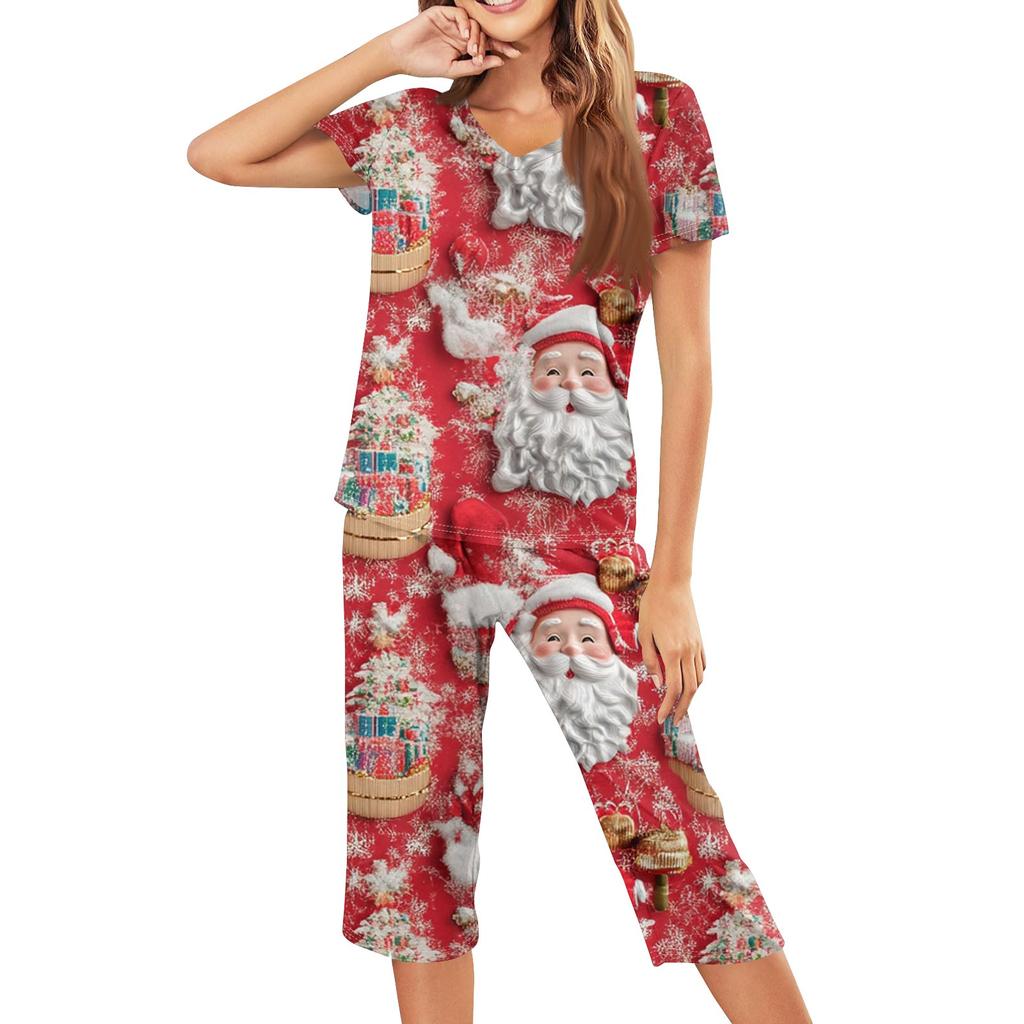 Женская повседневная спортивная пижама с коротким рукавом и укороченными брюками с рождественским принтом