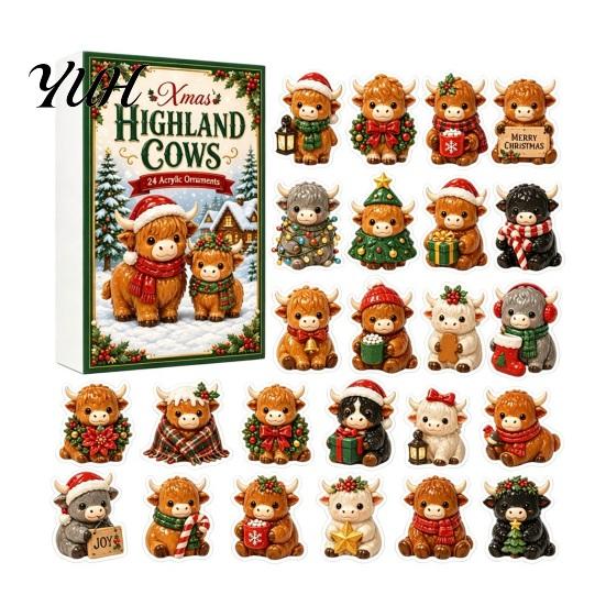 Miniature Animal Figurine Set 2026 Highland Cow Advent Calendar, 24 Day Christmas Countdown Calendar with 2D Acrylic Collectible Creative Surprise Box