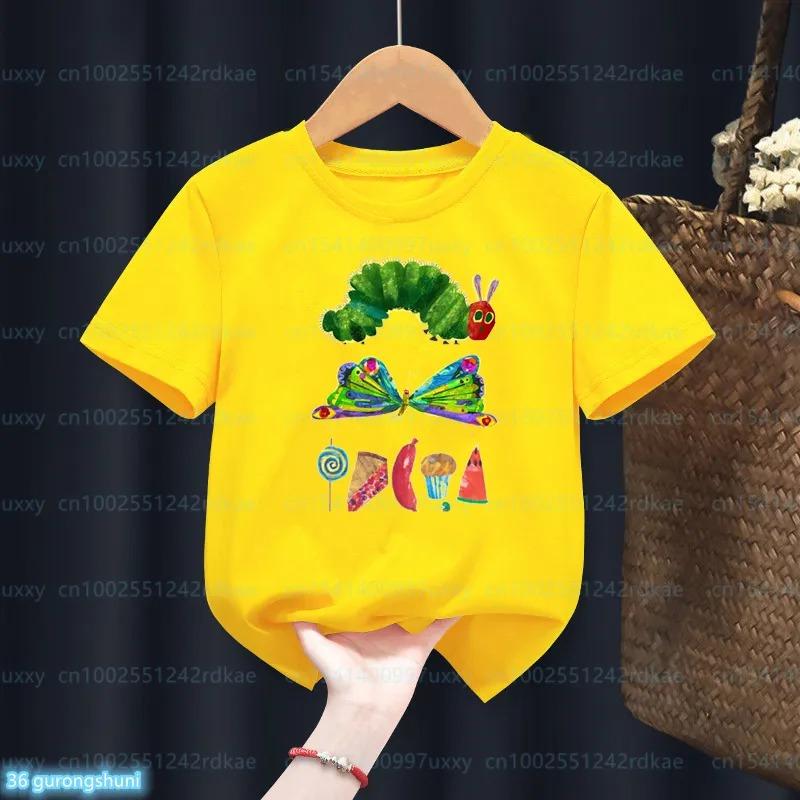 Newly Kids T-Shirt Funny The Very Hungry Caterpillar Cartoon Print Tshirts For Boys Summer Cute Boys/Girls Yellow Tshirt Top