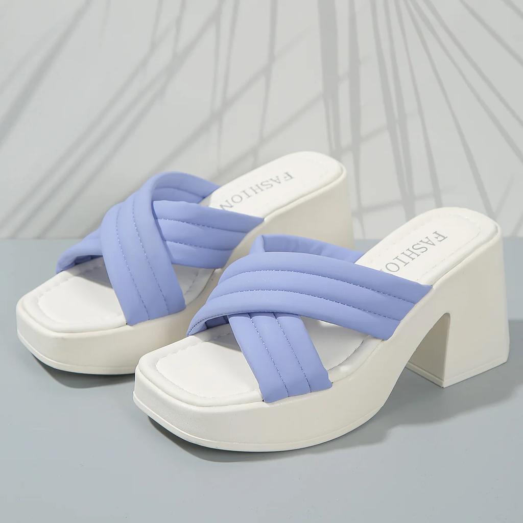 Повседневные тапочки-кроссоверы на высоком каблуке для женщин, летняя новая верхняя одежда, толстый каблук, толстая подошва, однотонные пуловеры