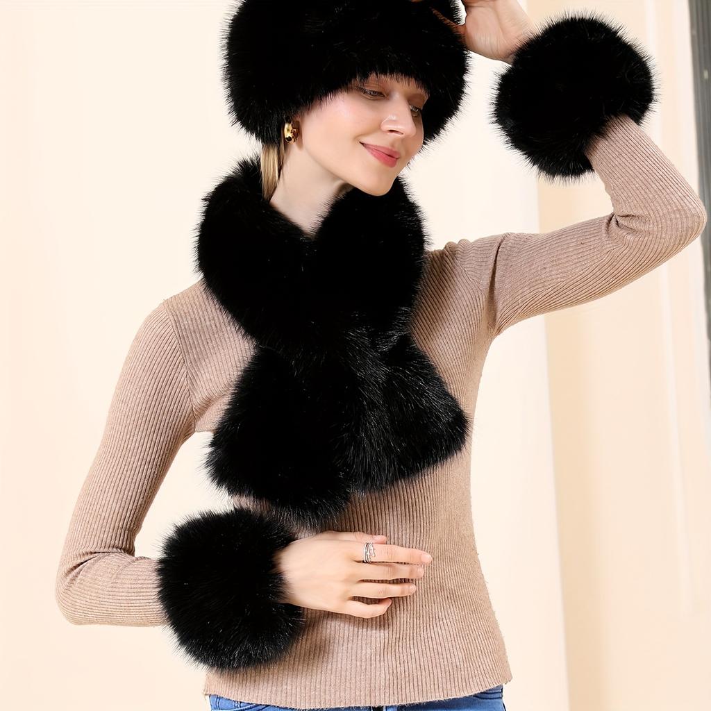 Fashionable 3-Piece Women's Solid Color Faux Fur Headband, Neck Scarf, and Wrist Cuff Set, Cozy Polyester Fiber Accessories Kit