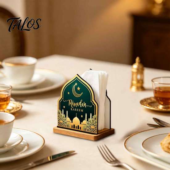 Ramadan Kareem Tabletop Decor Wooden Napkin Holder, Ramadan-themed Paper Towel Dispenser, Crescent Mosque Rustic Wood Storage Pattern Decorative