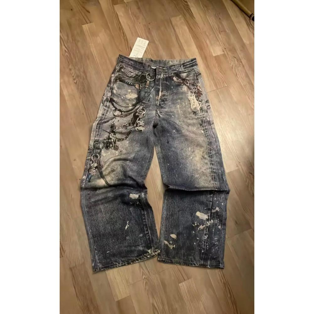 Новые мешковатые джинсы с 3D-принтом в виде цепочки для мужчин и женщин, повседневные мешковатые прямые джинсовые брюки, широкие джинсы Y2K