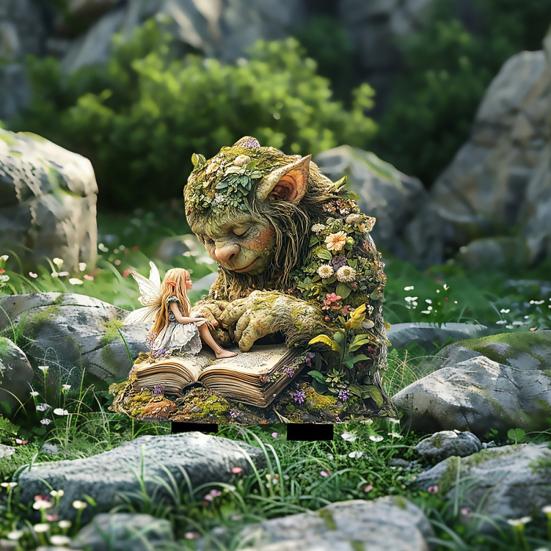 2 шт. Садовые колышки-феи и тролли, Колышек-арт для двора с читающим троллем и феей, Водонепроницаемый акрил, Наружное украшение для клумбы, газона