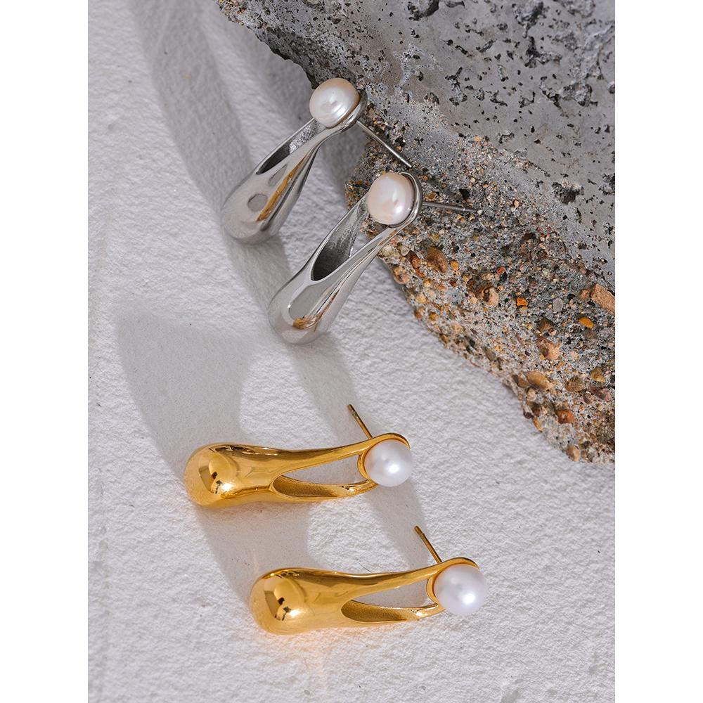 Yhpup Natural Pearl Stainless Steel Cast Geometric Elegant Long Stud Earrings Fashion Metal Golden Jewelry Prevent Allergy Gift