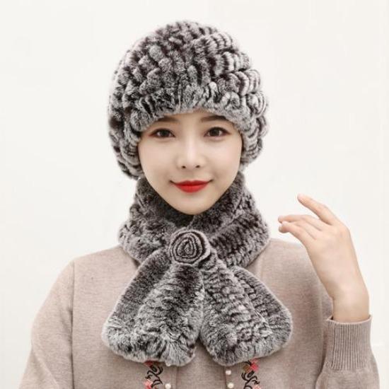 Winter Knitted Natural Fur Hats Scarves Sets Women Warm Real Rex Rabbit Fur Hat Scarf Lady Fashion Thick Rex Rabbit Fur Hat
